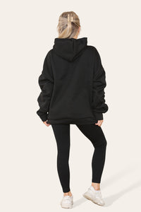 Women's Oversized Ruched Sleeve Hoodie & High-Waisted Ribbed Leggings Set – Satin Ribbon Detail