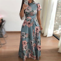 Floral Printed Casual Short Sleeve Long Dress  Maxi Dress