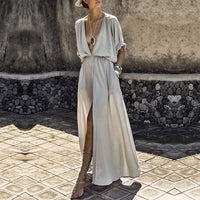 Summer Women Loose Pockets Deep V Neck Maxi Dress