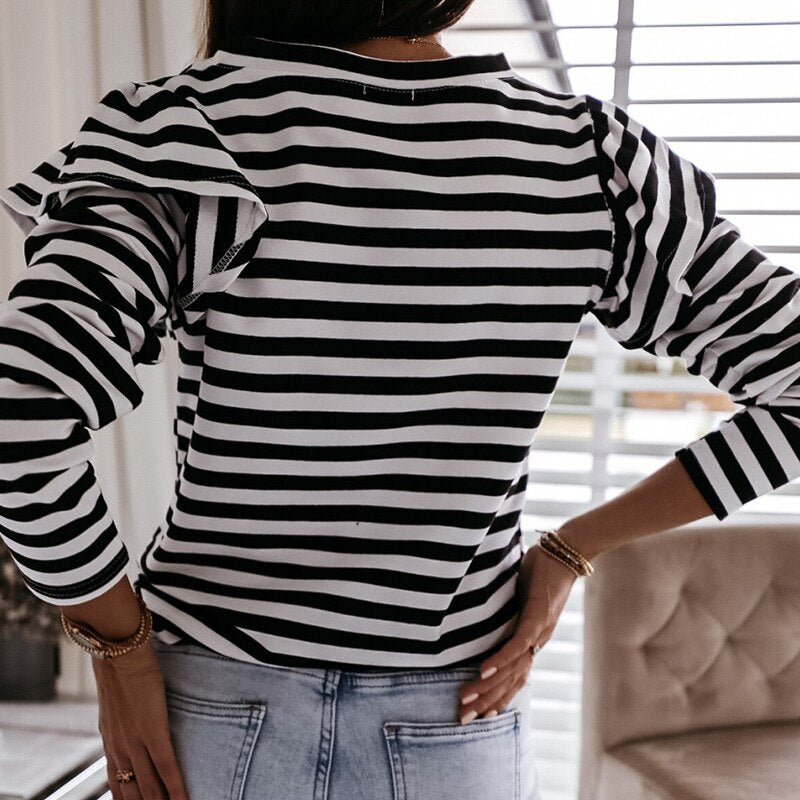 Striped Ruffle Long Sleeve Tops For Women