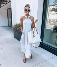 Spring And Summer  Off-The-Shoulder Casual And Comfortable Halter Neck Long Pocket Dress