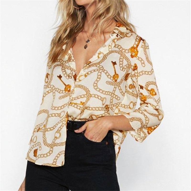 Women Blouses Chain Print Summer Chiffon Blouse