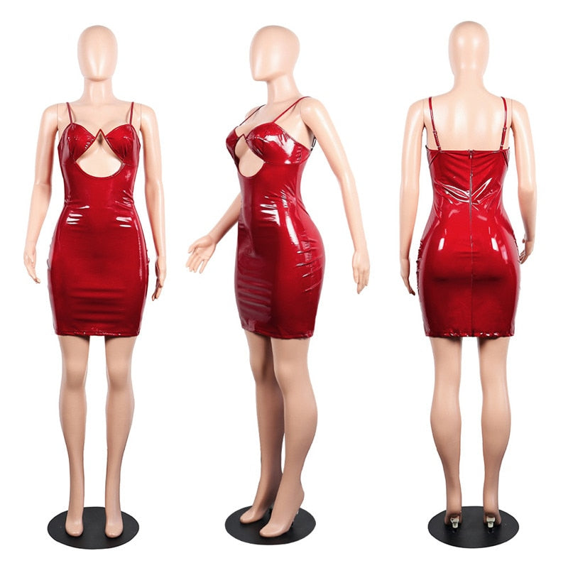 Women Sexy PU Leather Dress Hollow Out Strapless Spaghetti Straps Bodycon Mini Night Club Party Dress