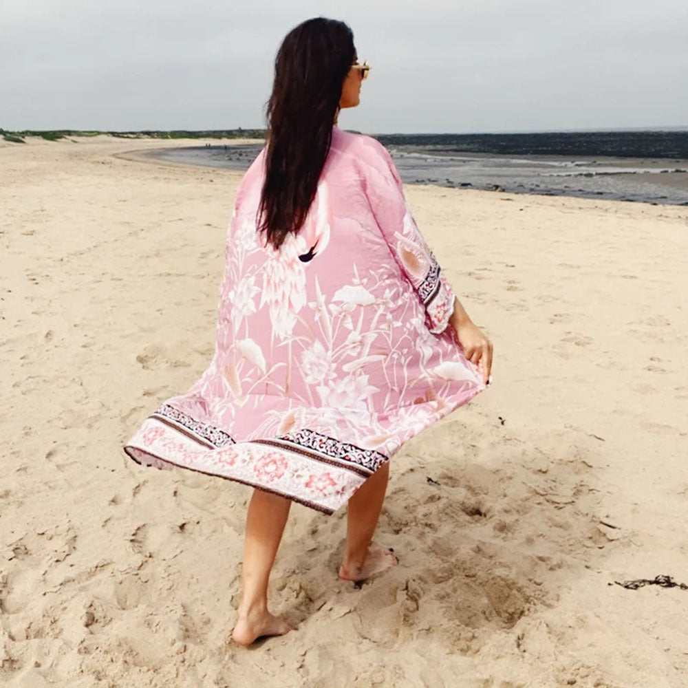 Quick Dry Crane Flower Beach Kimono