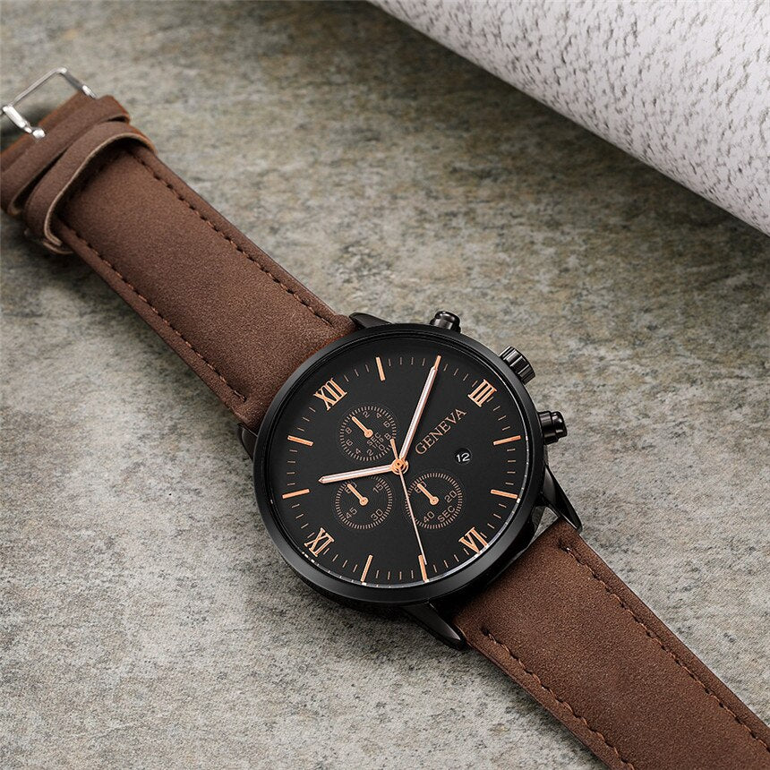 Leather strap men wristwatch