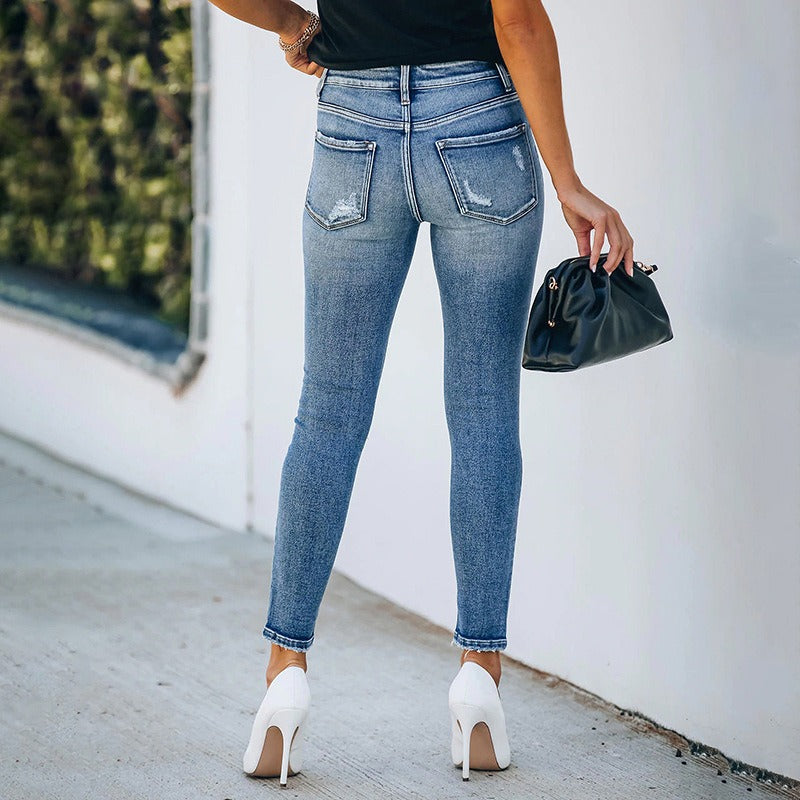 Trending Blue Hight Waist Casual Ripped Pant