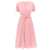 V neck bubble sleeve pleated long dress