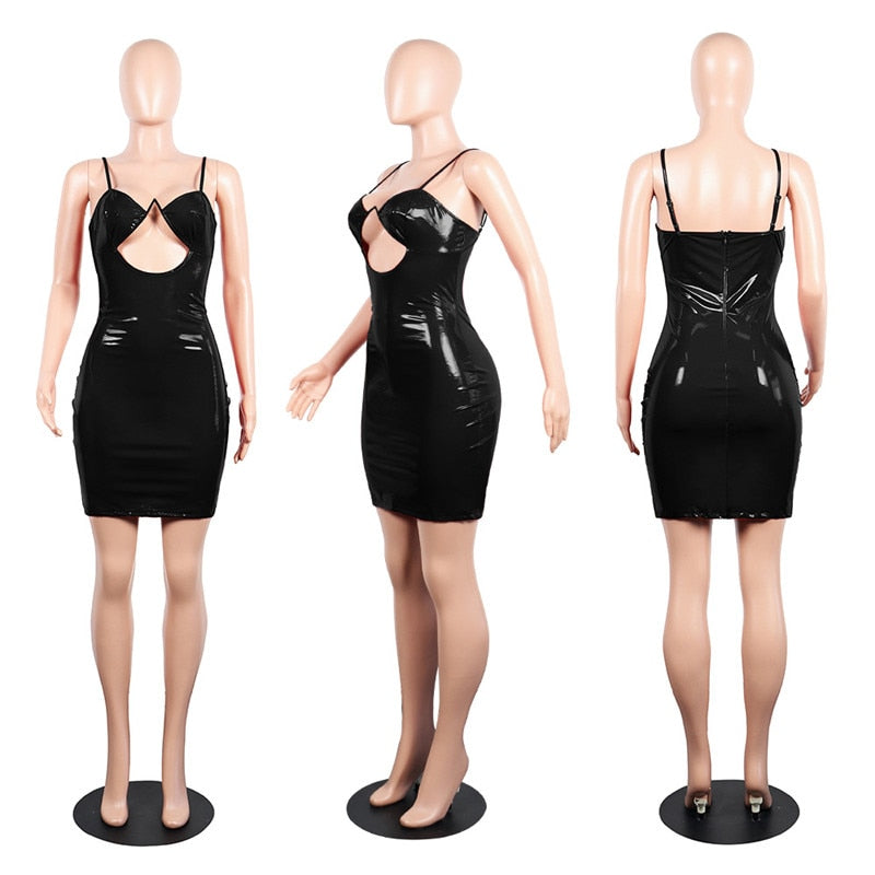 Women Sexy PU Leather Dress Hollow Out Strapless Spaghetti Straps Bodycon Mini Night Club Party Dress