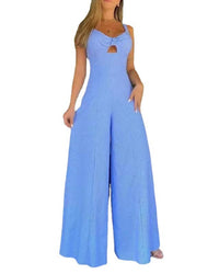 Women's sleeveless solid color casual loose striped wide leg jumpsuit