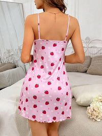 Cute Strawberry Print Backless Mini Sleep Dress