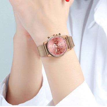 Stainless steel round dial ladies watch