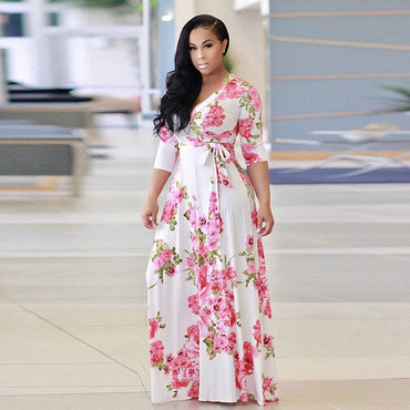 Floral printed V Neck, Half sleeve, long Maxi Dress