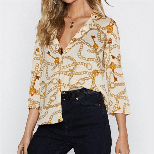 Women Blouses Chain Print Summer Chiffon Blouse