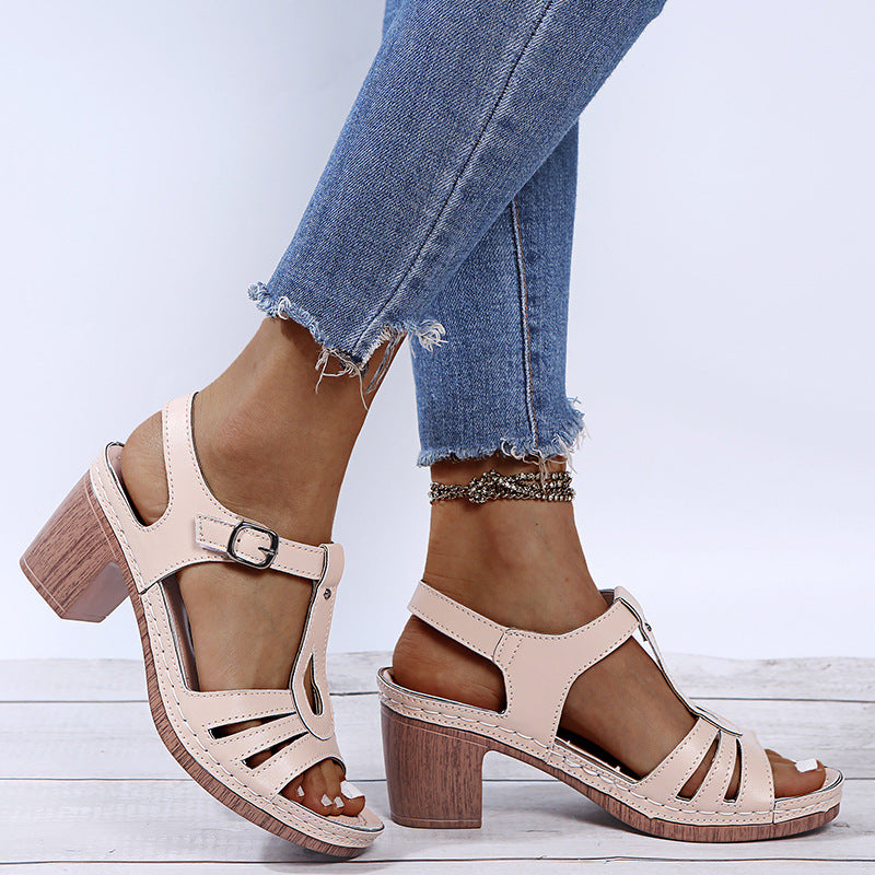 Women's metal buckle thick high heel sandals