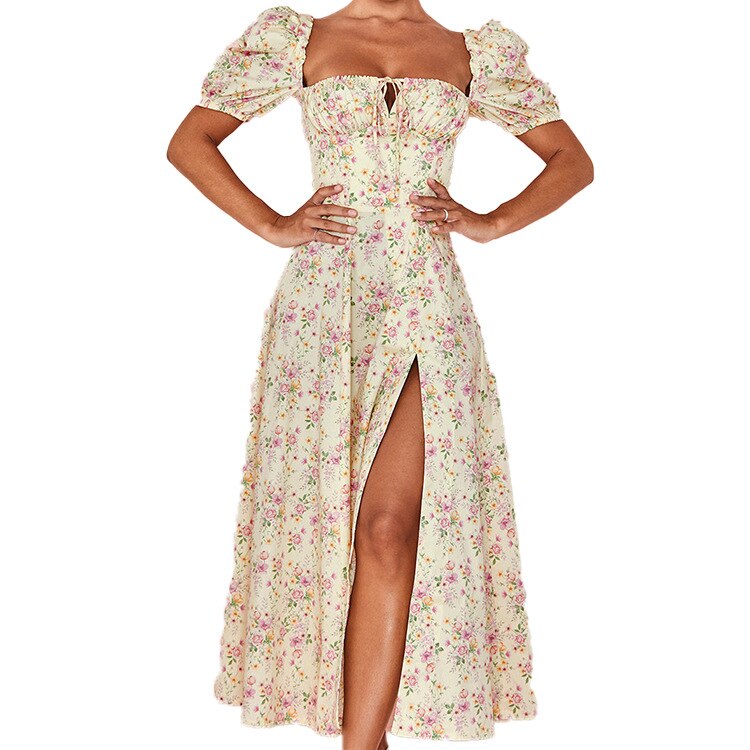 Floral Print Puff Short Sleeve Dress For Women