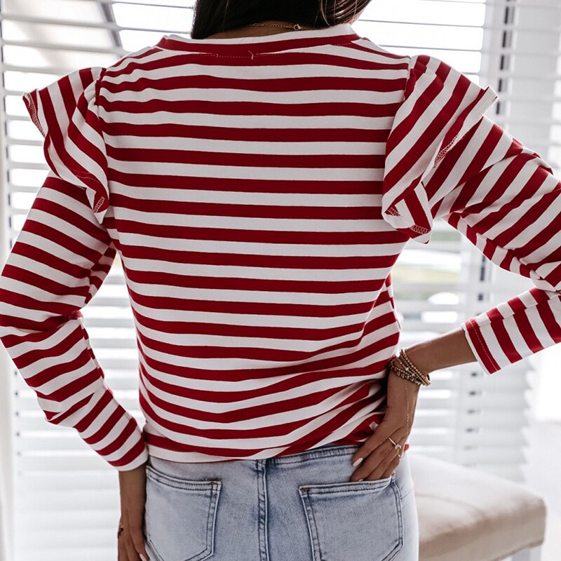 Striped Ruffle Long Sleeve Tops For Women