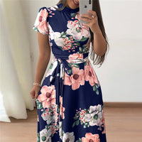 Floral Printed Casual Short Sleeve Long Dress  Maxi Dress