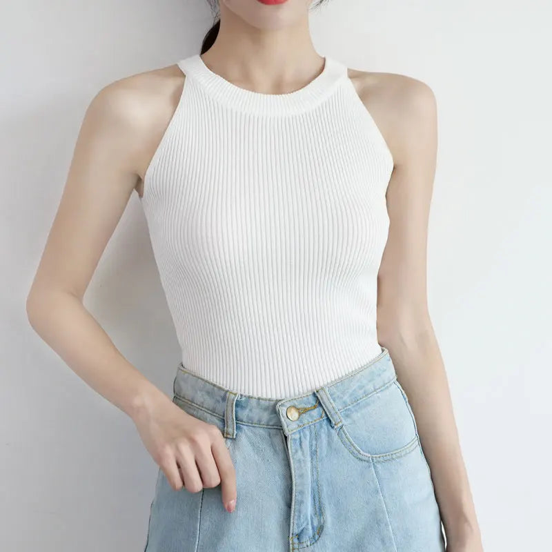 Off Shoulder Stretchy Knitted Tank Tops