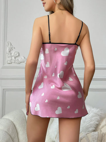 Heart Print Satin Mini Sleepwear